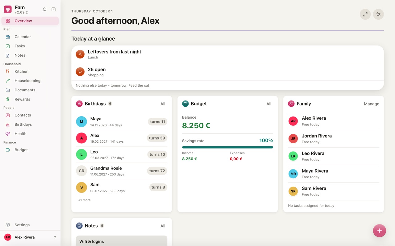 The Fam dashboard — your first view after signup