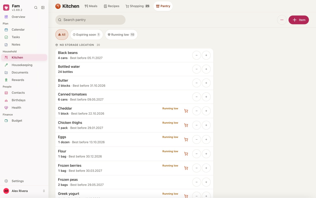 Pantry with quantities, locations and expiry dates