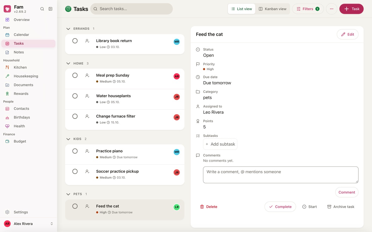 Tasks with assignments and points.